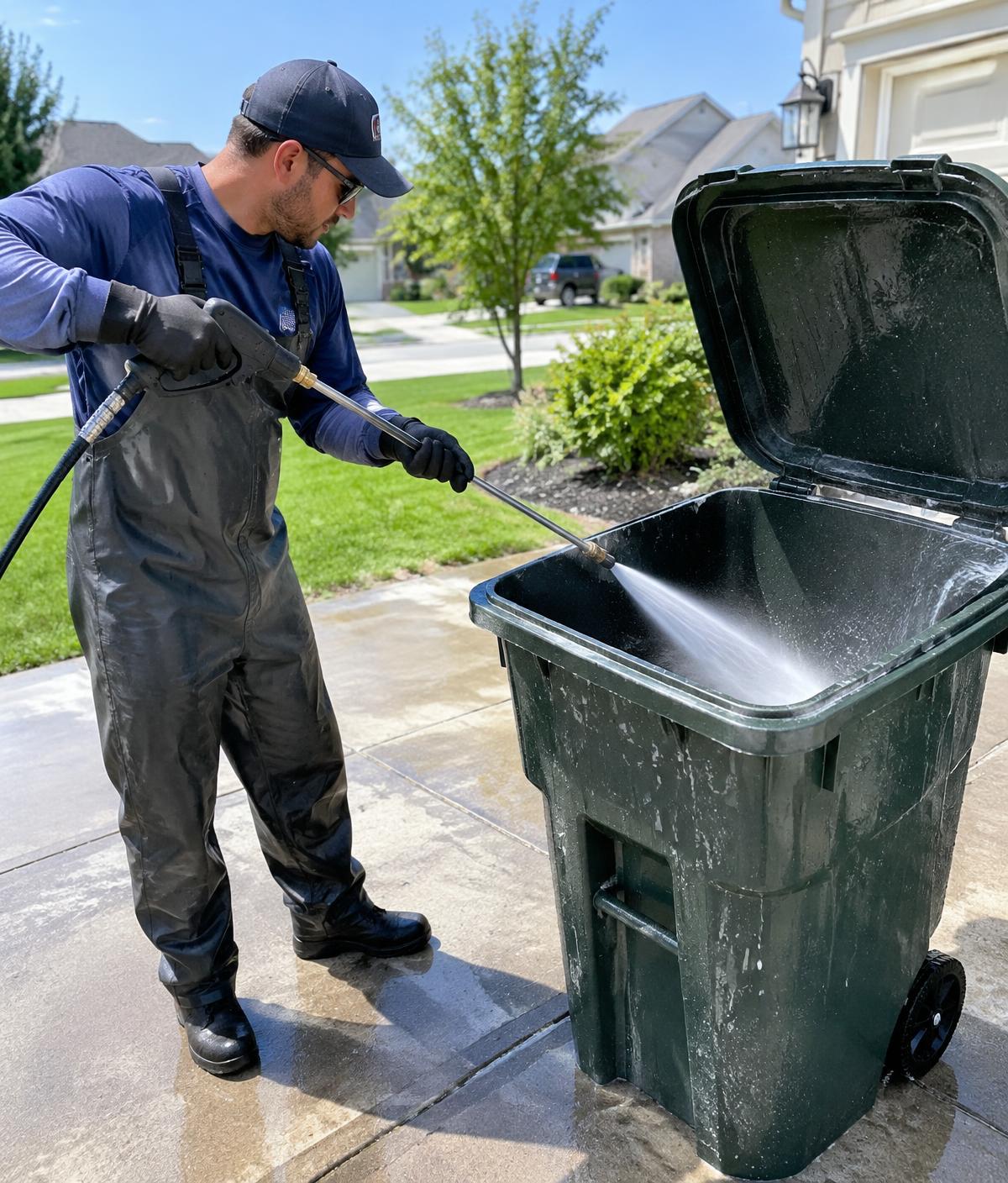 Technician pressure washing the inside of a residential trash bin on a driveway