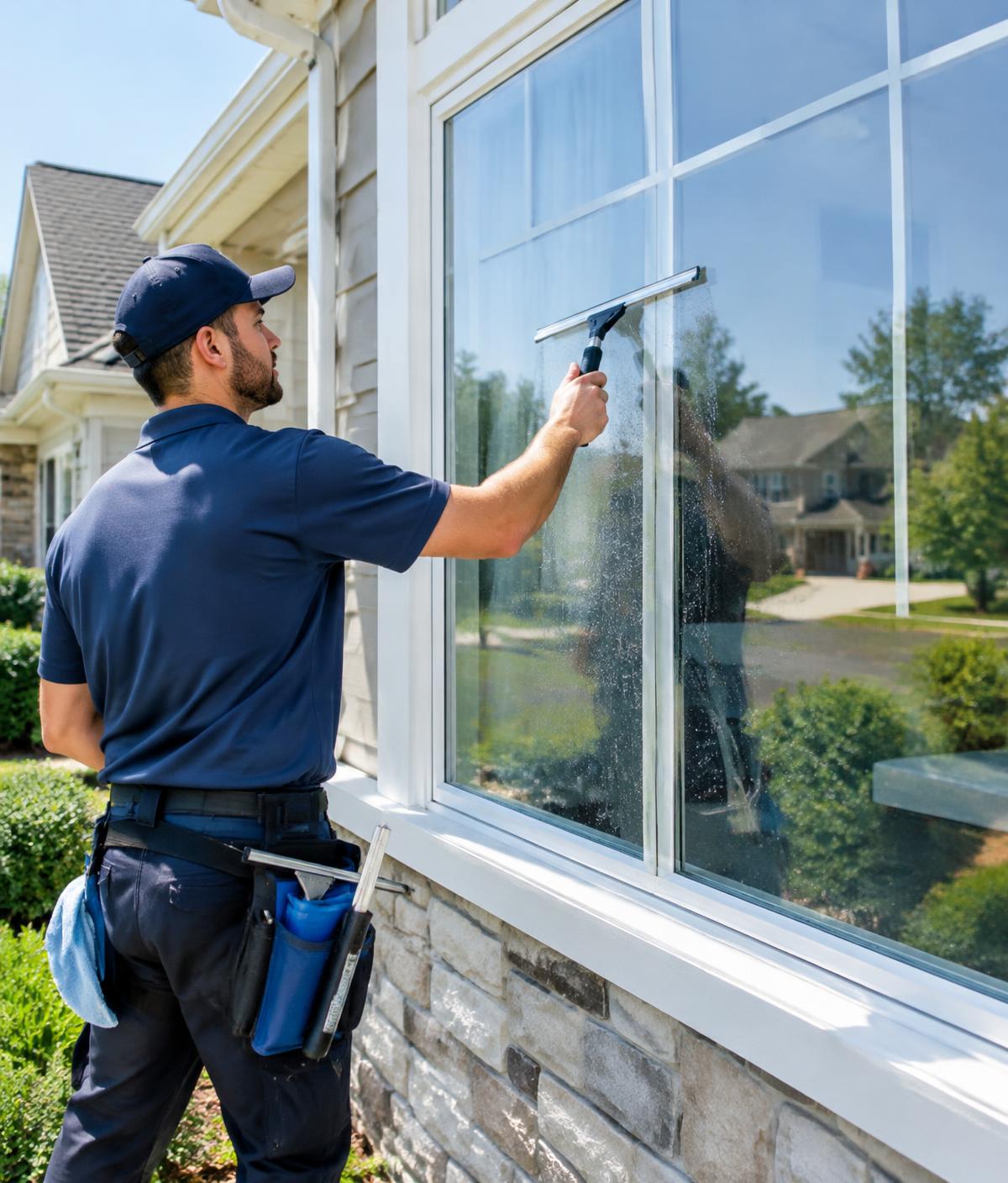 Professional cleaning a residential window with a squeegee
